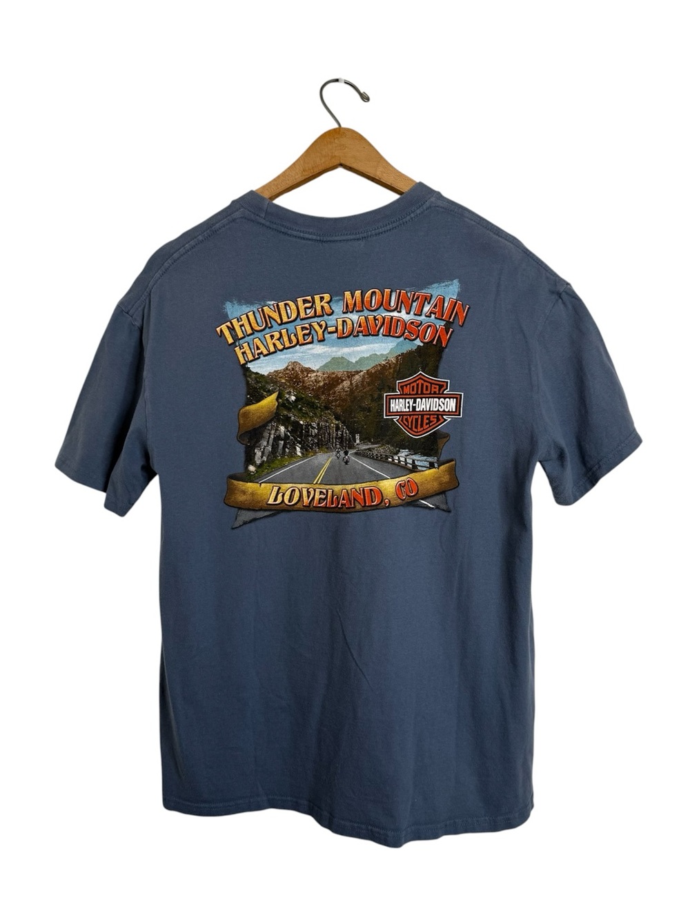 Harley-Davidson Thunder Mountain Loveland CO Graphic T-Shirt Sz Large Blue